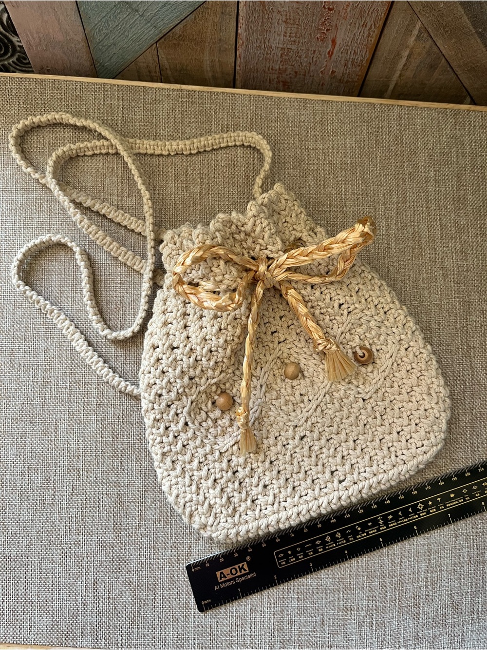 Handmade Crochet Drawstring Crossbody Bag in Natural Cream